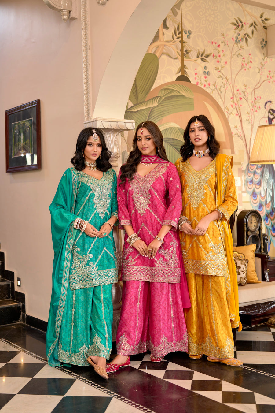 Meera chinon silk embroidered designer kurti sharara set