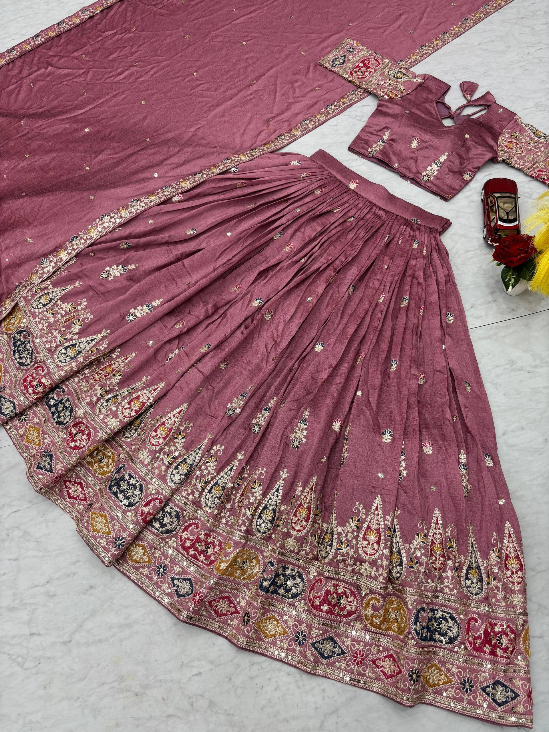 Raji mauve pink Vichitra silk lehenga choli with sequins thread embroidery and dupatta