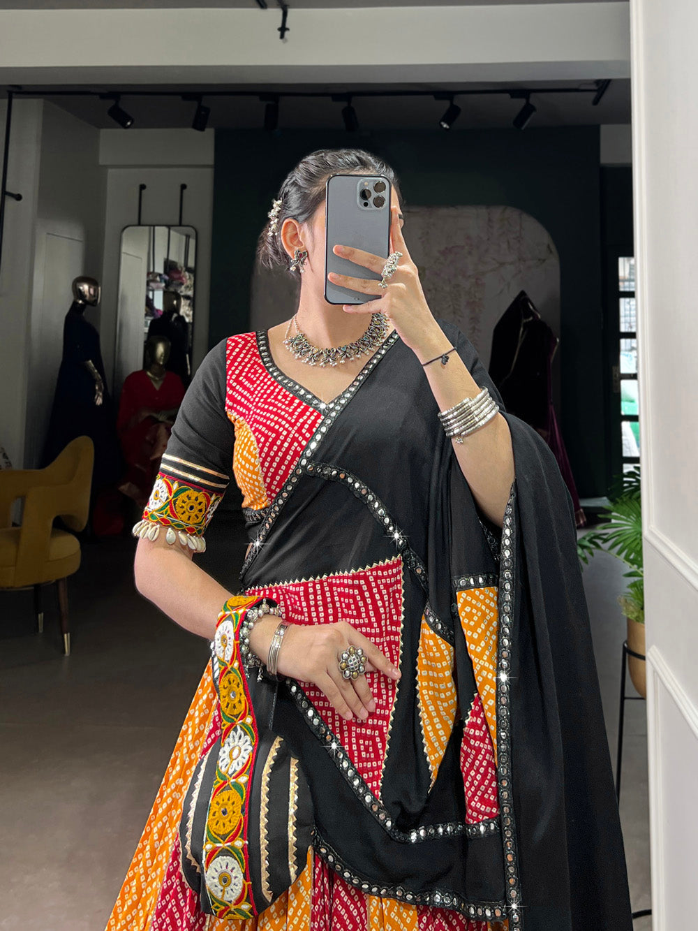 Black yellow pure rayon Bandhej Ajrakh Gamthi mirror work lehenga choli