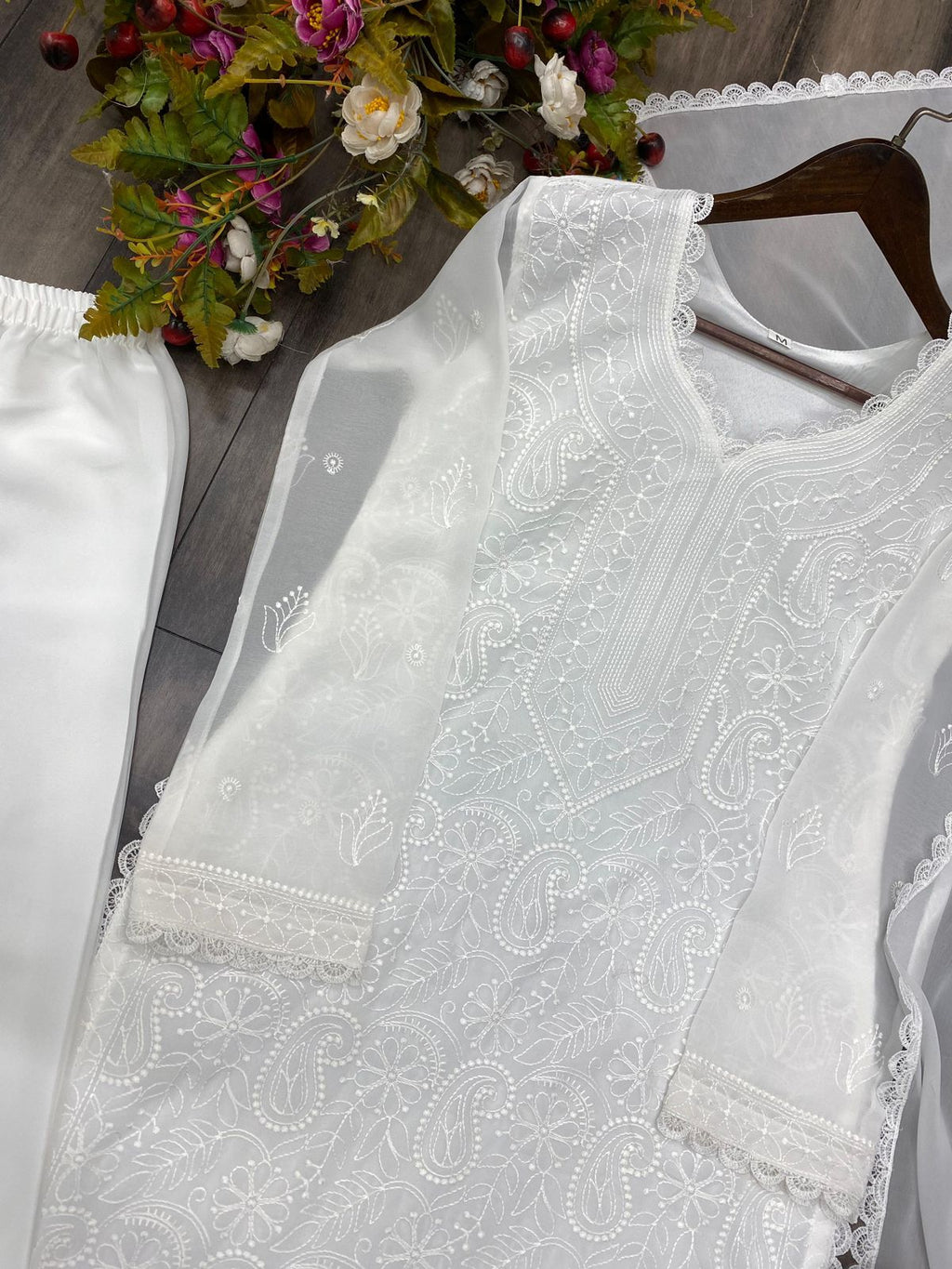 Ramani Peach Georgette Chikankari Embroidery Kurti Set