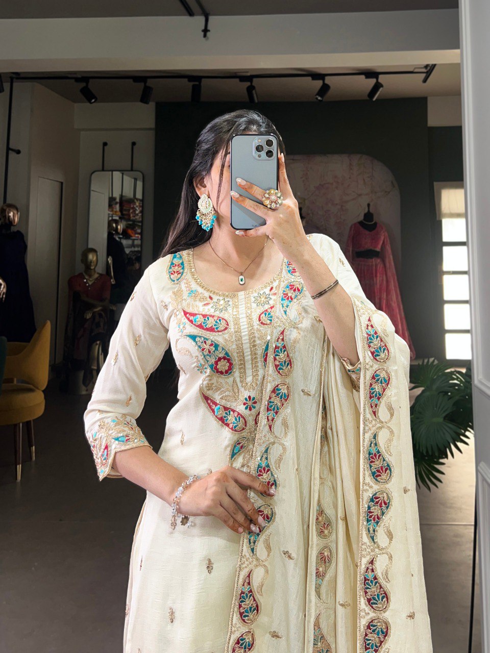 Aanvi off white vichitra silk embroidered kurti sharara set