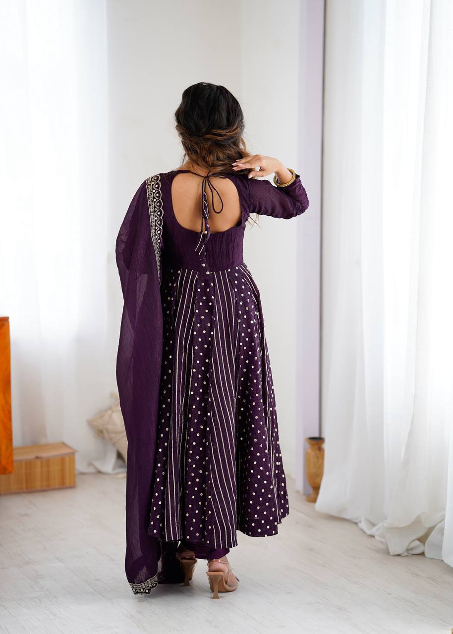 Purple traditional silk Anarkali suit set for women