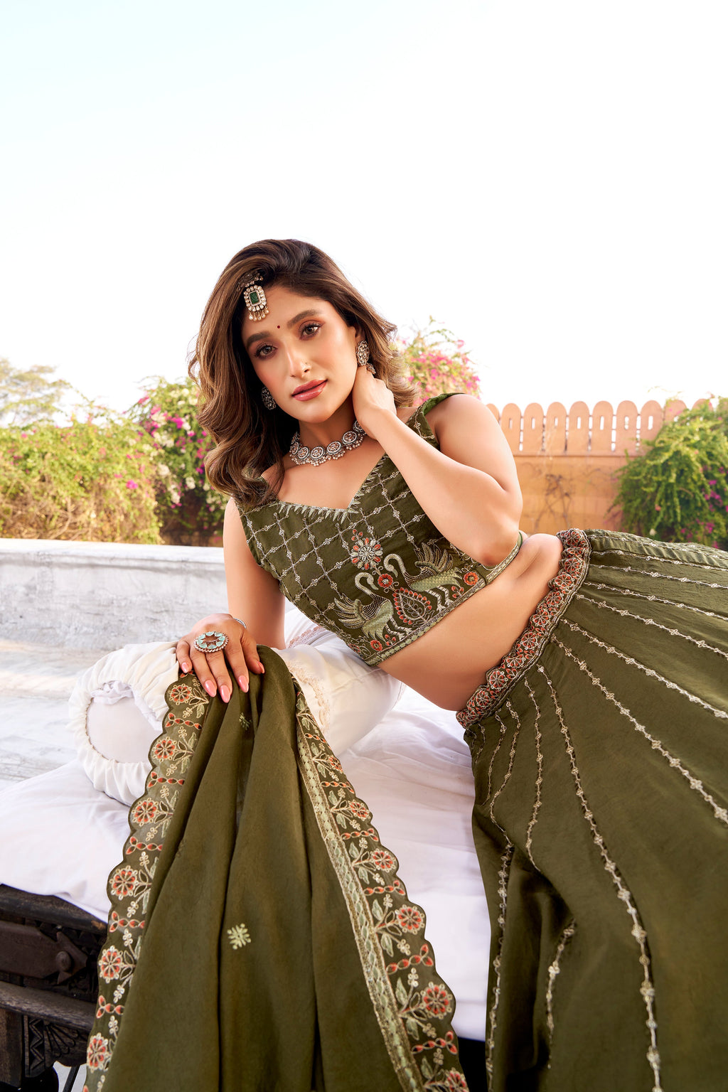 Zarakh olive green crush silk lehenga choli with sequins and thread embroidery work