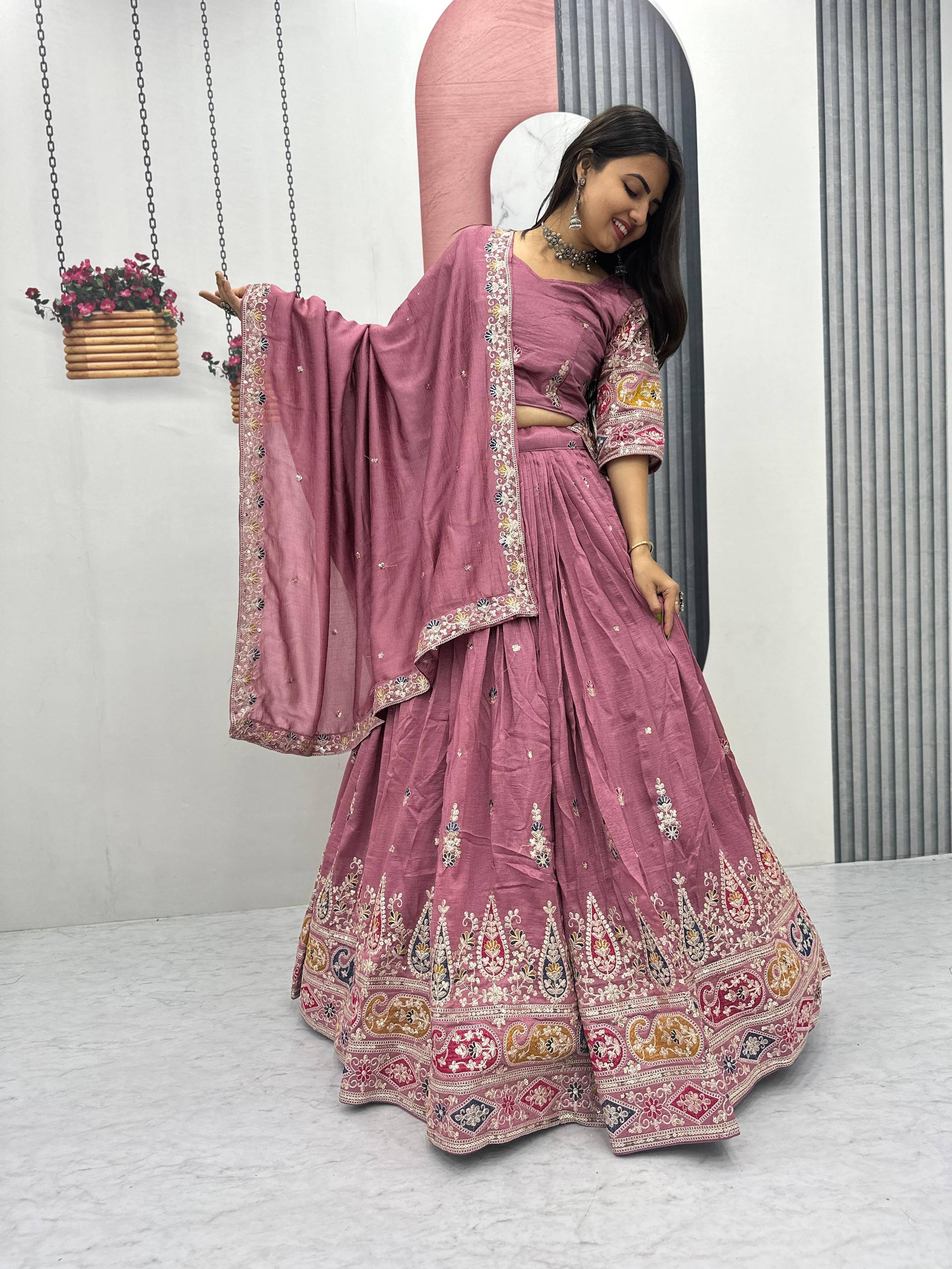 Raji mauve pink Vichitra silk lehenga choli with sequins thread embroidery and dupatta
