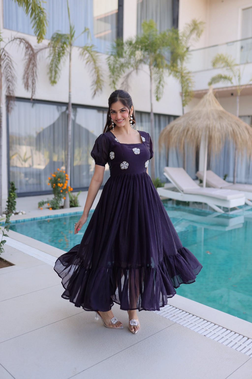 Sruvika purple Fendi silk gown with beads embroidered work