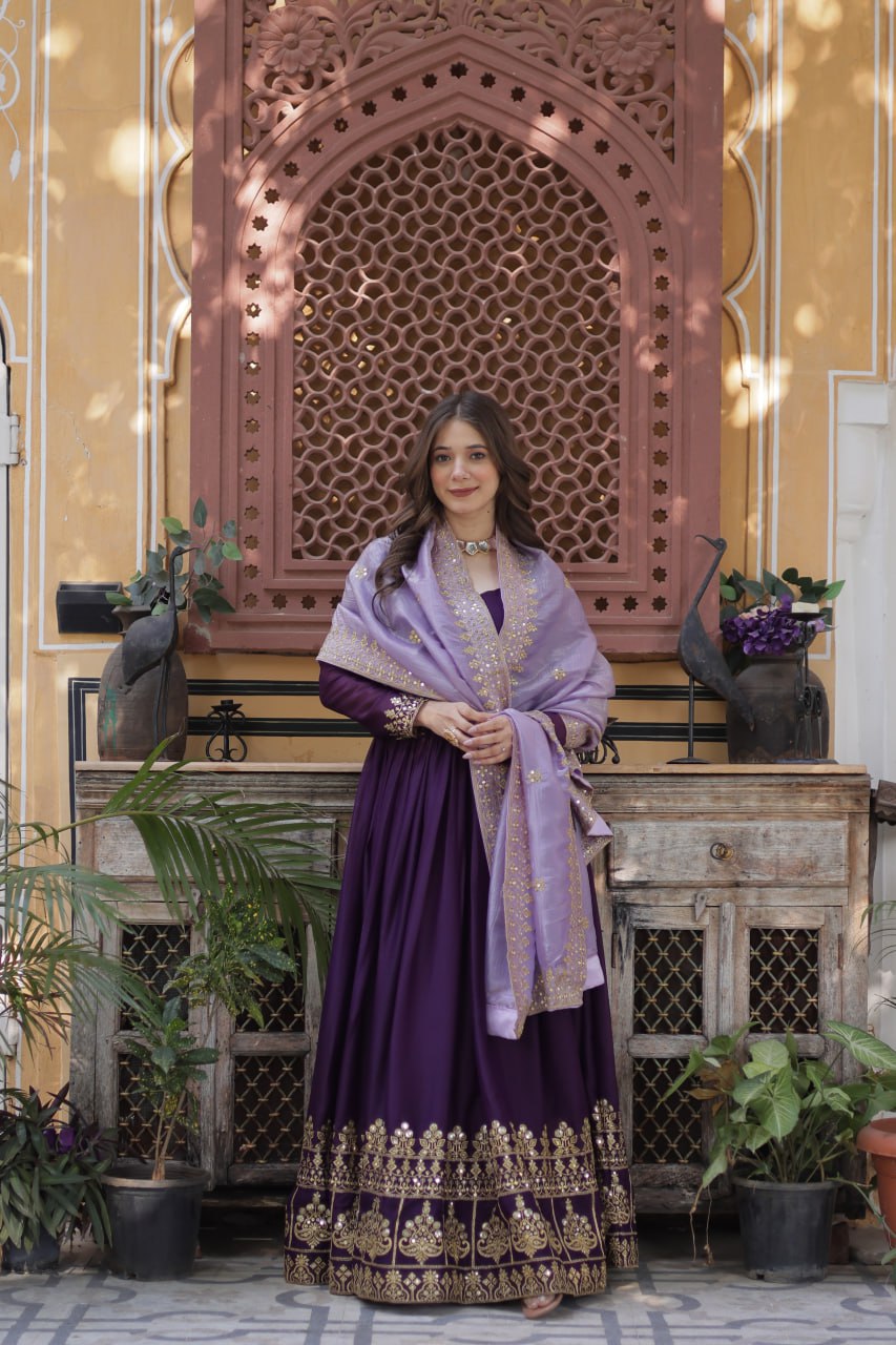 Purple star georgette embroidered zari sequins work gown with dupatta