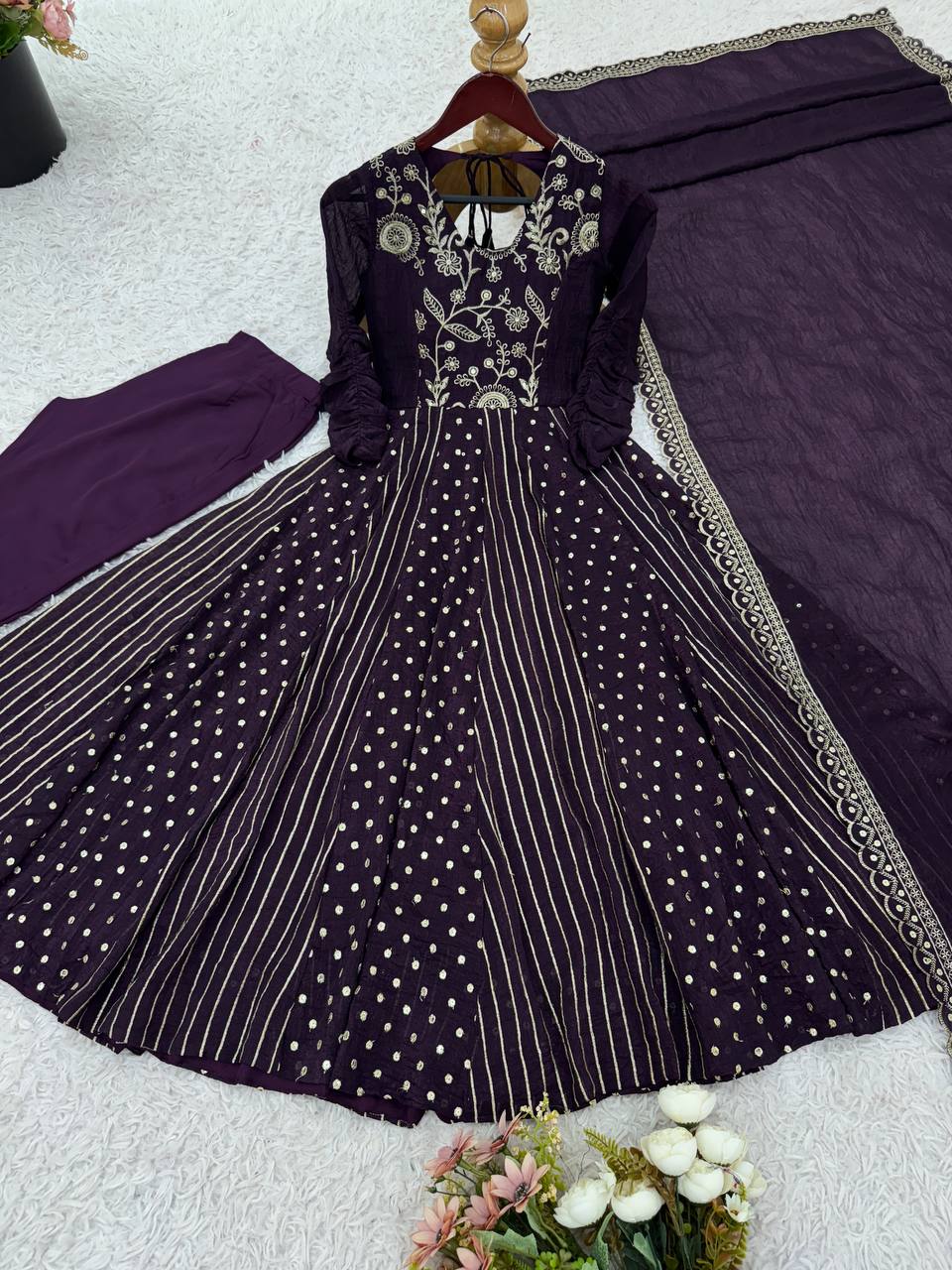 Purple traditional silk Anarkali suit set for women