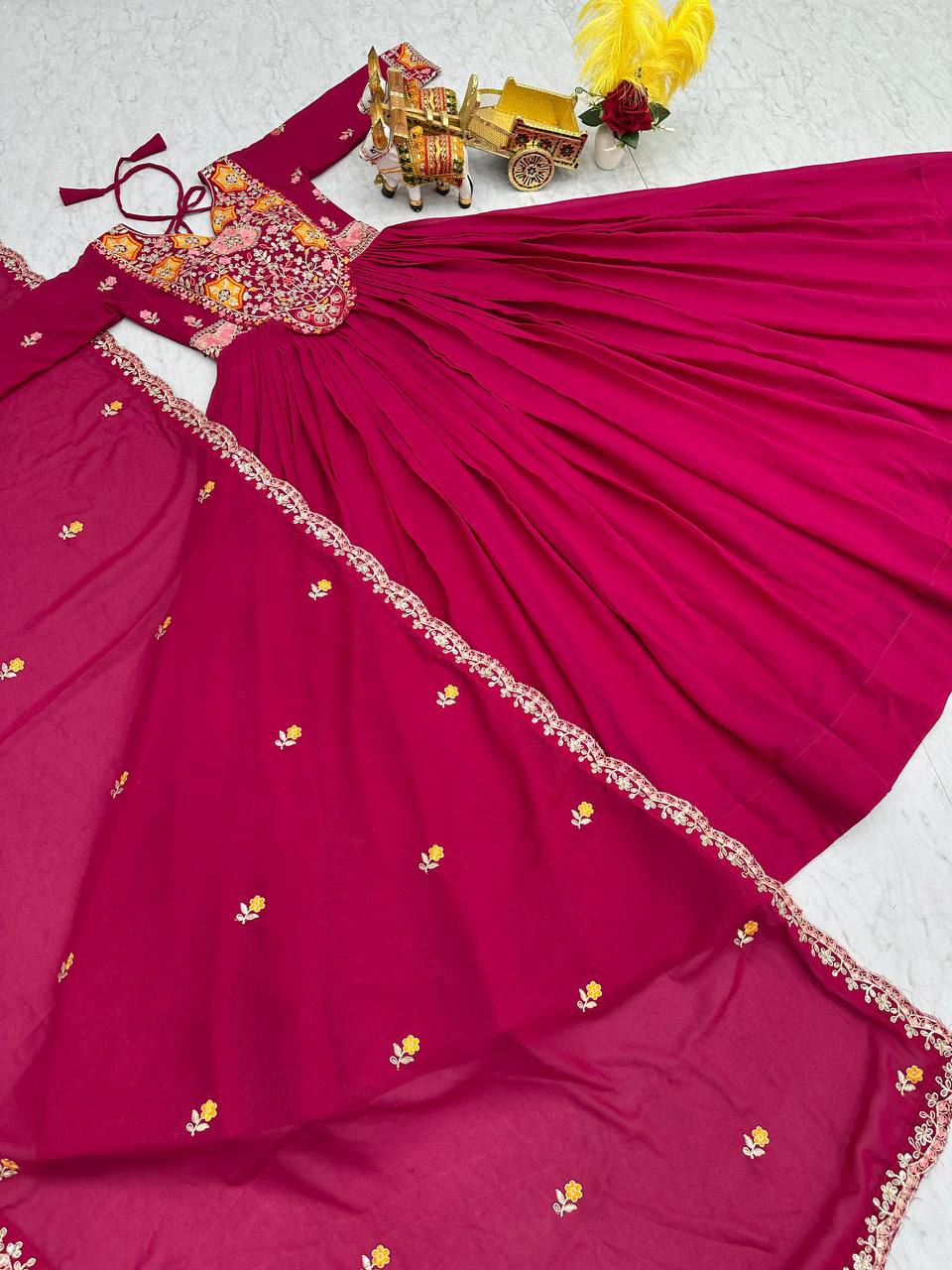 Pink heavy sequins thread embroidered georgette gown for wedding functions