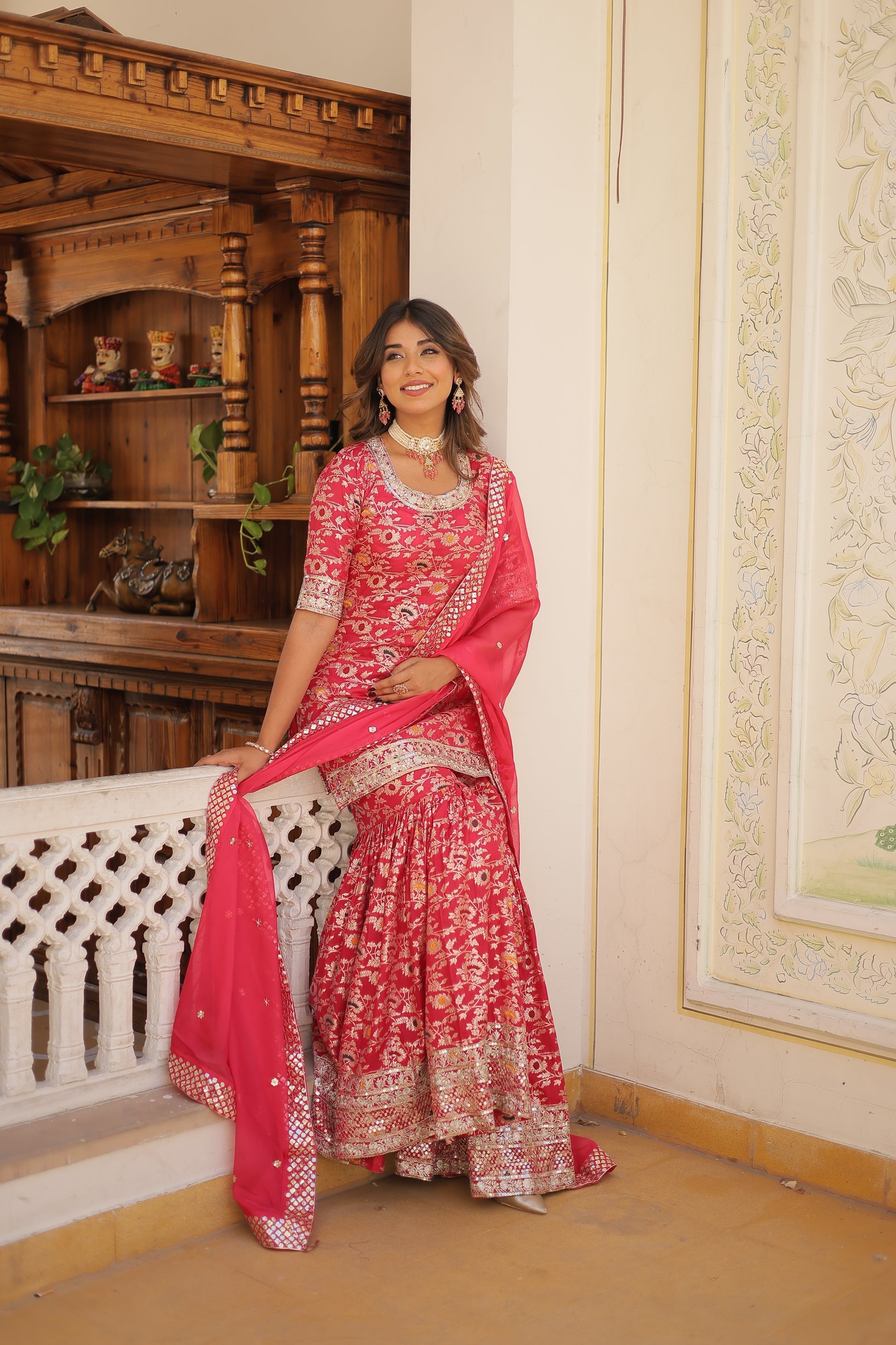 Krishnapriya rani pink viscose embroidered kurti gharara set