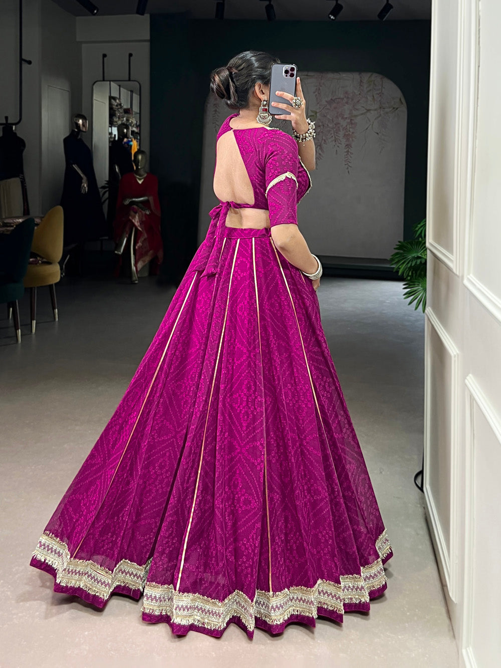Wine color chiffon Bandhej print Gota Patti lace work lehenga choli

