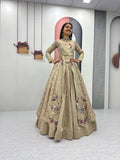 Mani beige Vichitra silk crop top peacock design lehenga with embroidered shrug