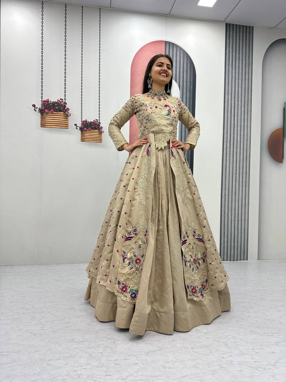 Mani beige Vichitra silk crop top peacock design lehenga with embroidered shrug
