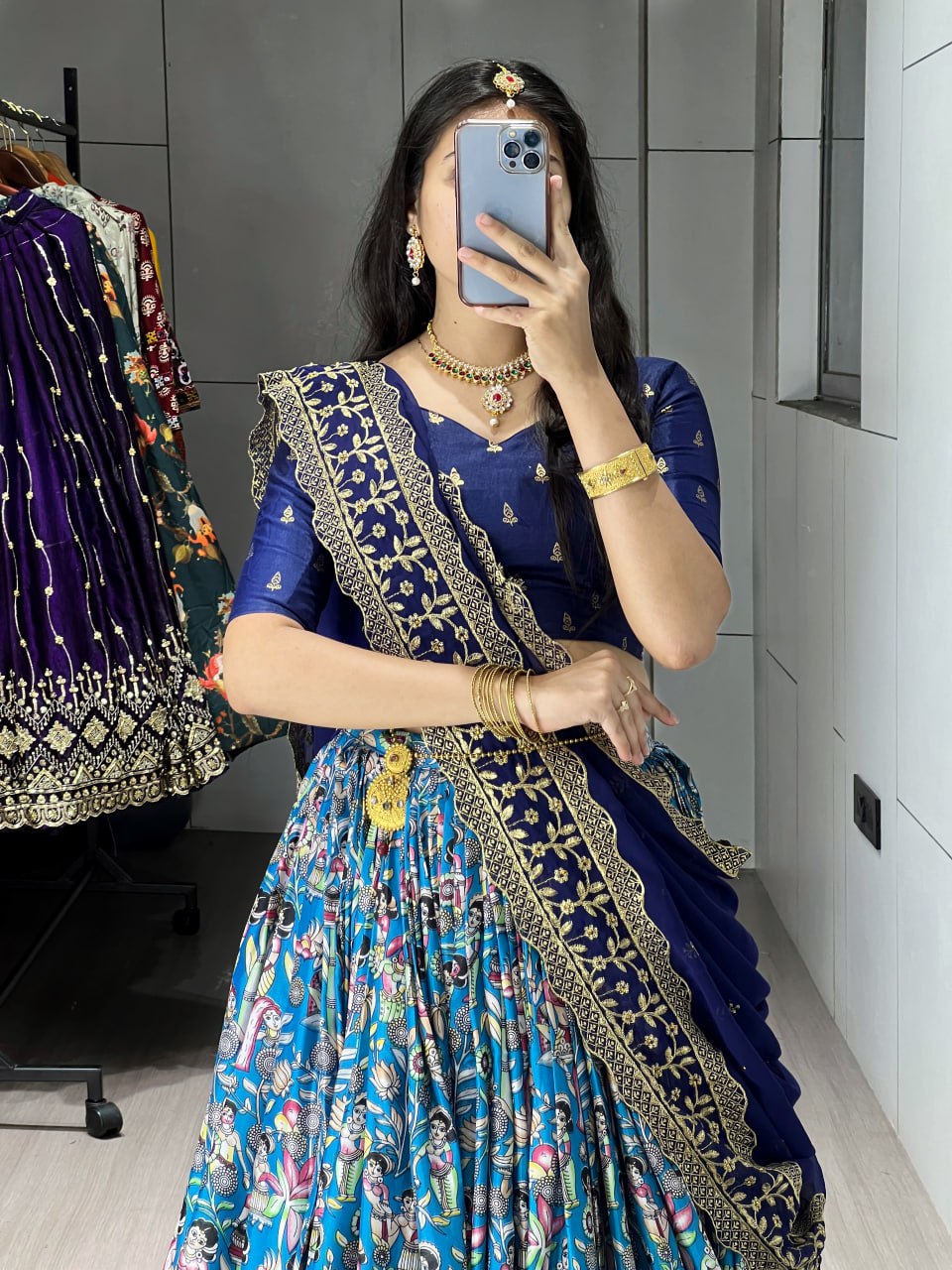 Blue Kalamkari soft dola silk half saree lehenga with embroidered dupatta