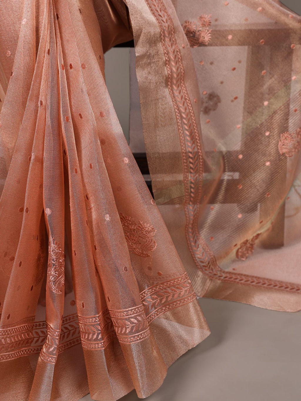 Orange poly shimmer thread embroidered saree with unstitched blouse