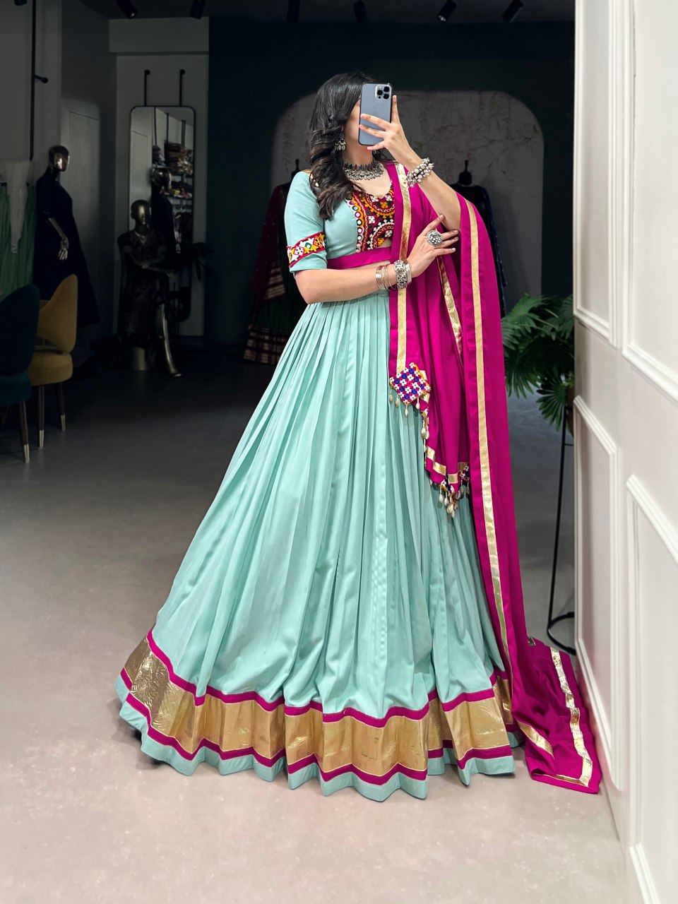 Mint green pure rayon lehenga choli with mirror Gamthi work and Kodi lace dupatta