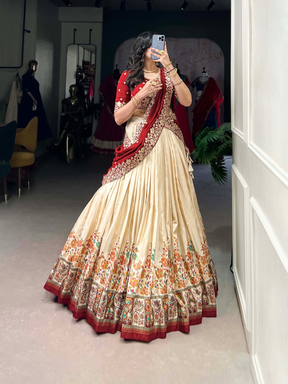 Off-white Tussar silk lehenga with foil print and embroidered dupatta