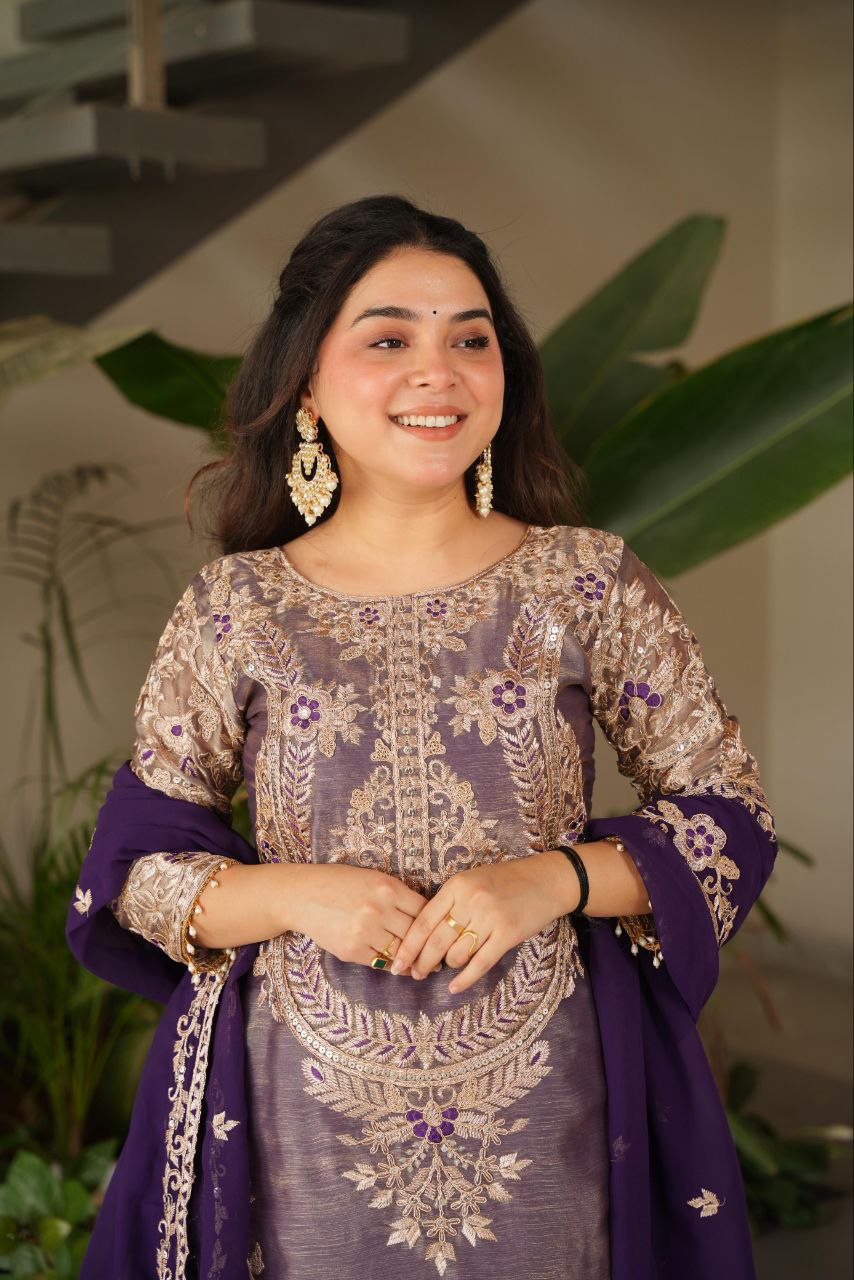 Purple crazy silk embroidered kurti palazzo set with dupatta