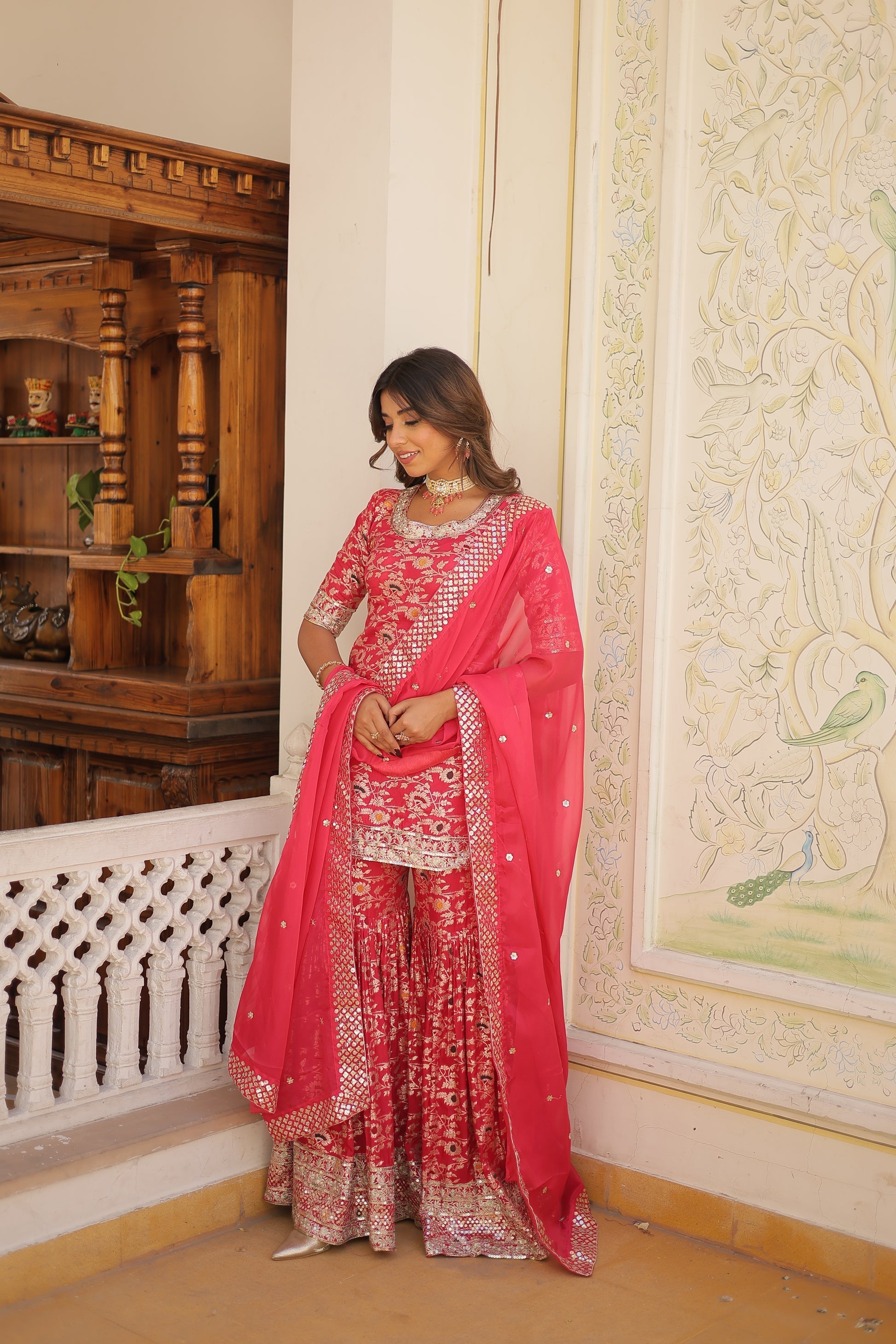 Krishnapriya rani pink viscose embroidered kurti gharara set