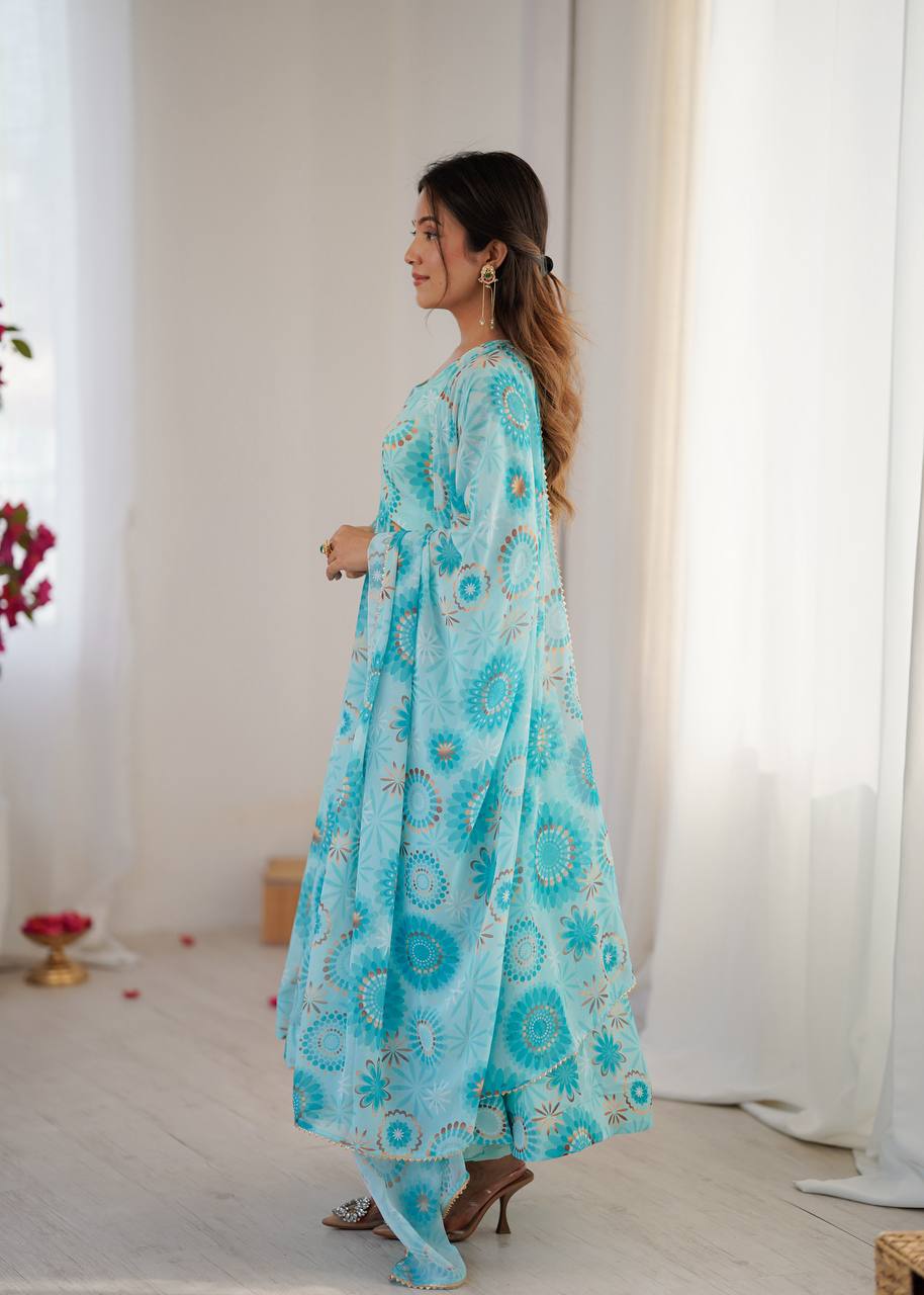 Sky blue georgette floral printed Anarkali suit for women