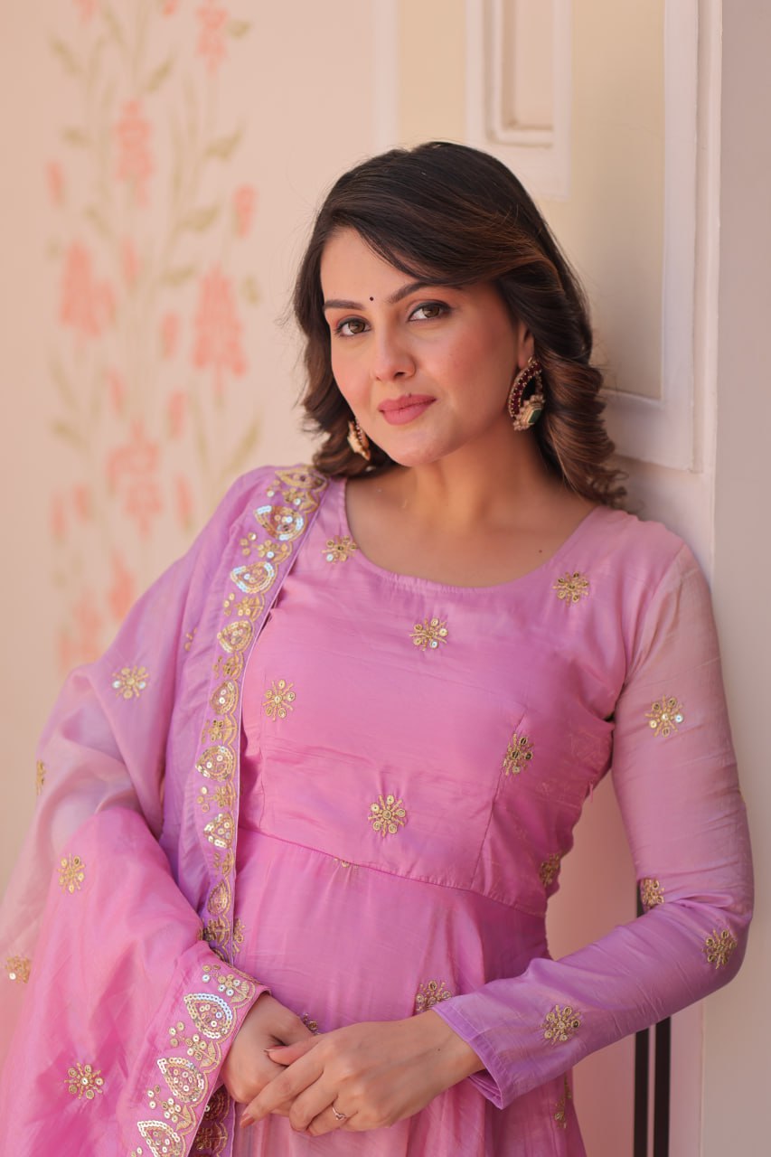 Pink organza flair gown with sequins zari embroidery and dupatta