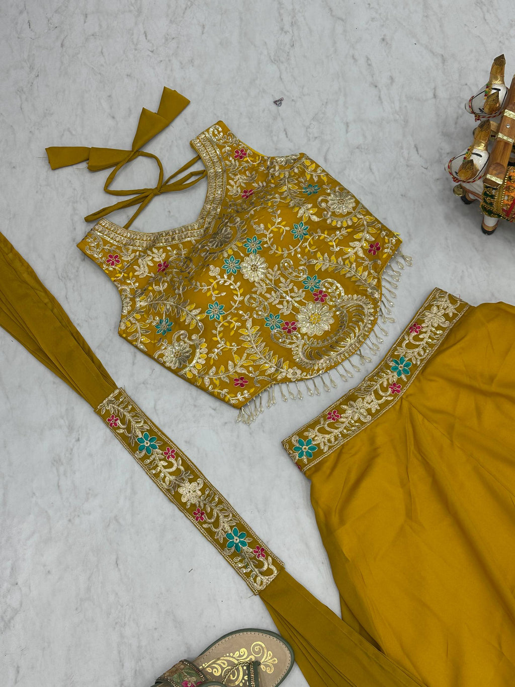 Stuti mustard yellow star georgette top palazzo set with sequins thread embroidery