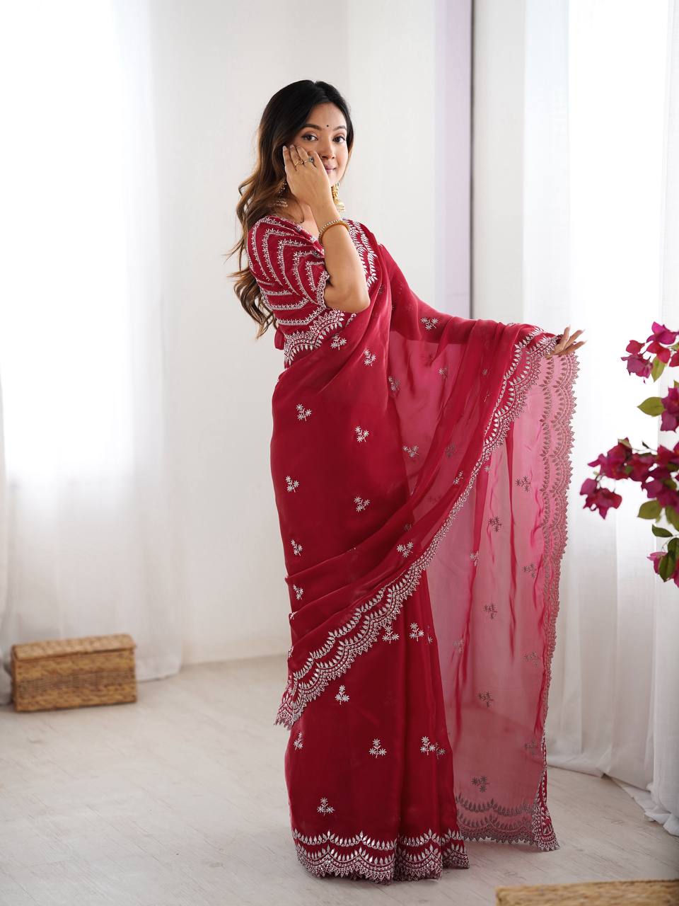 Vikatya red Jimmy Choo fabric saree with thread & sequin embroidery, unstitched blouse—perfect for weddings, parties & festive wear.