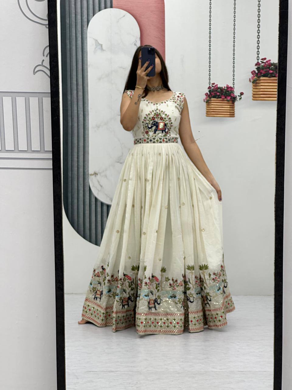 Off-white chinon embroidered designer gown with dupatta