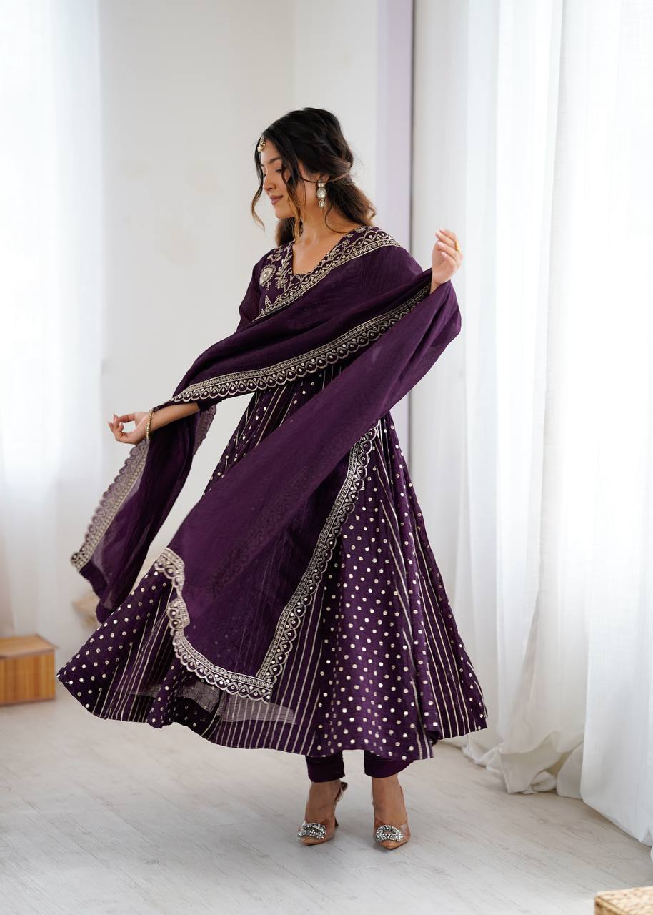 Purple traditional silk Anarkali suit set for women
