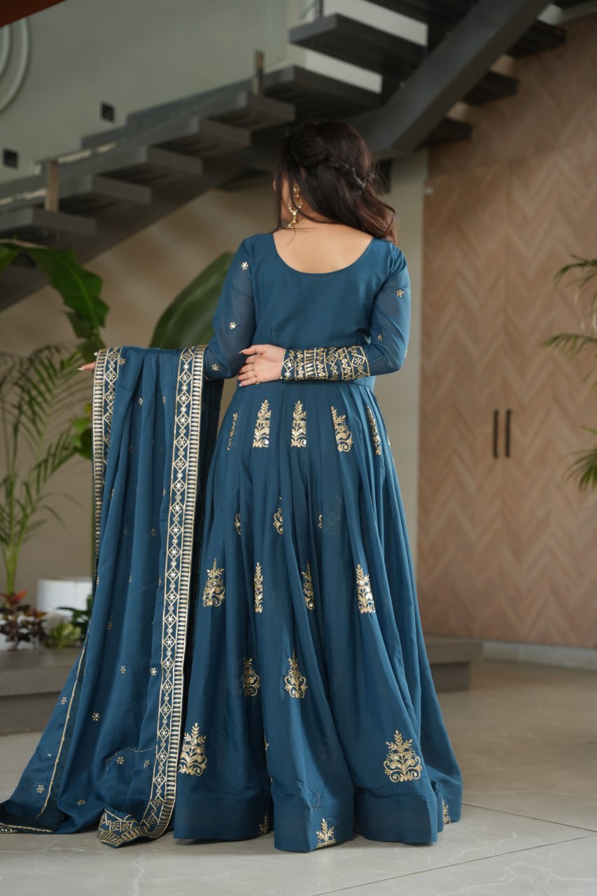 Teal blue chinnon embroidered gown with sequins work and dupatta