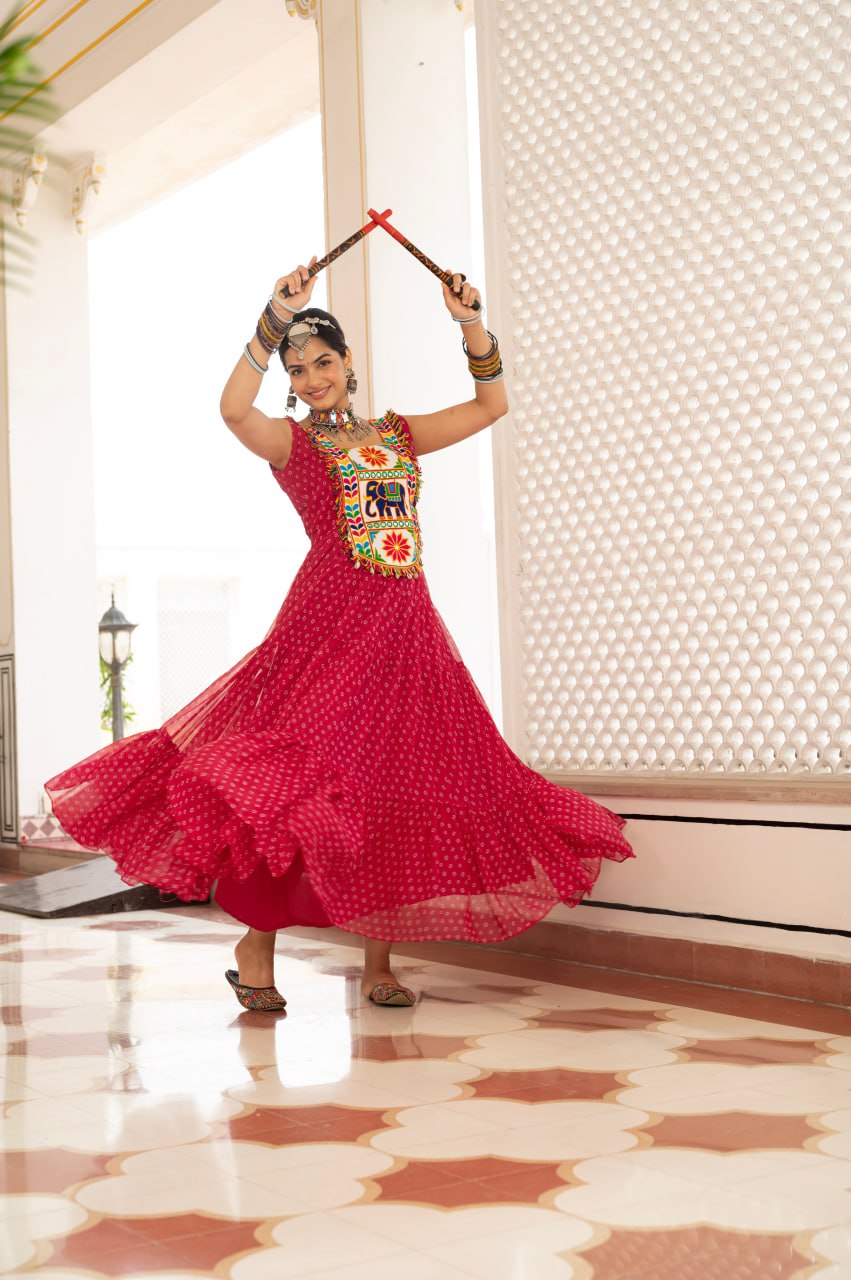 Pink faux georgette Bandhani print Kutchi patch mirror work gown