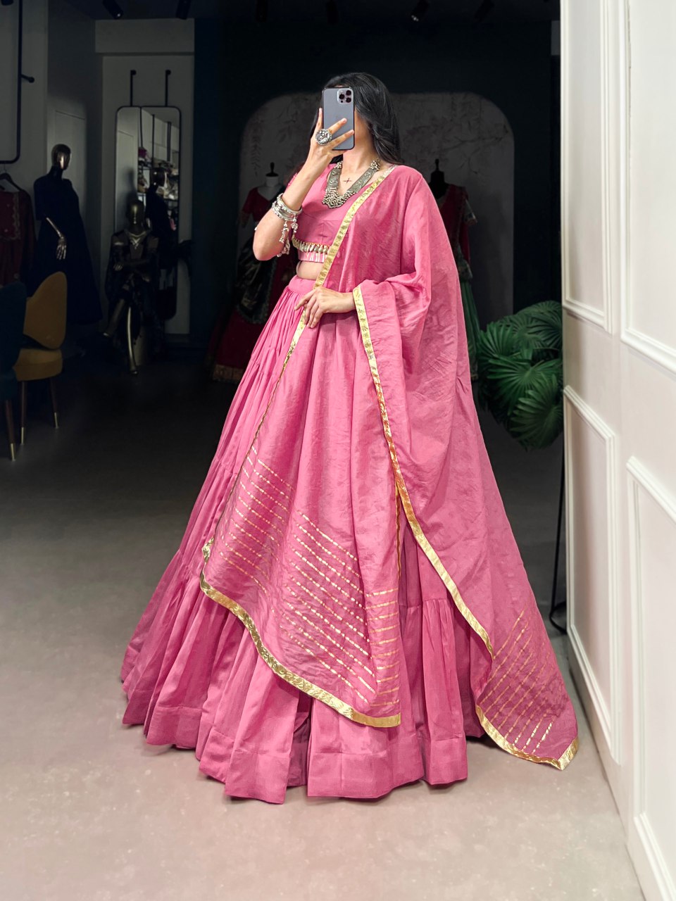 Pink Chanderi lehenga choli with cowrie detailing and dupatta