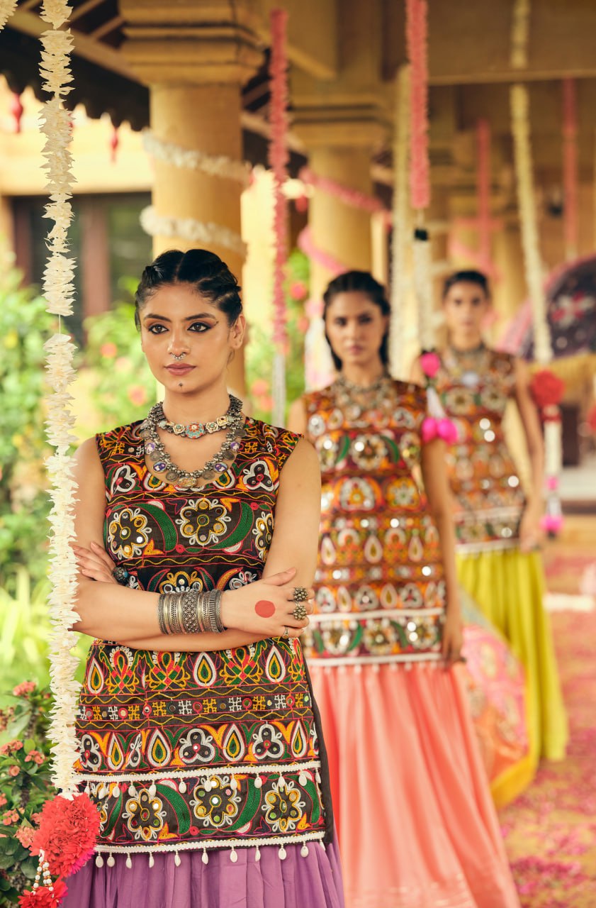 Peach pure rayon ribbon work embroidered lehenga choli