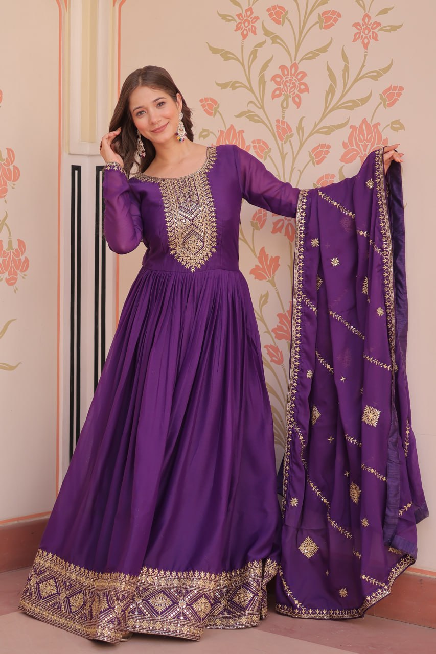 Purple star georgette zari sequins embroidered gown with dupatta