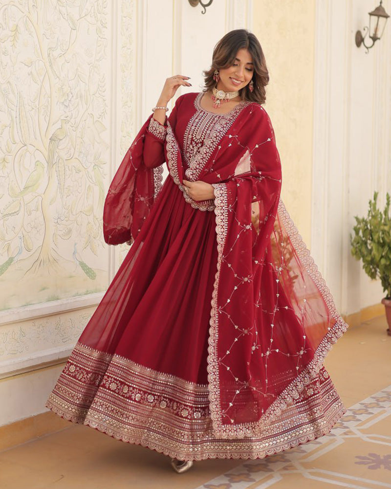 Vasundhara faux blooming red anarkali gown suit set