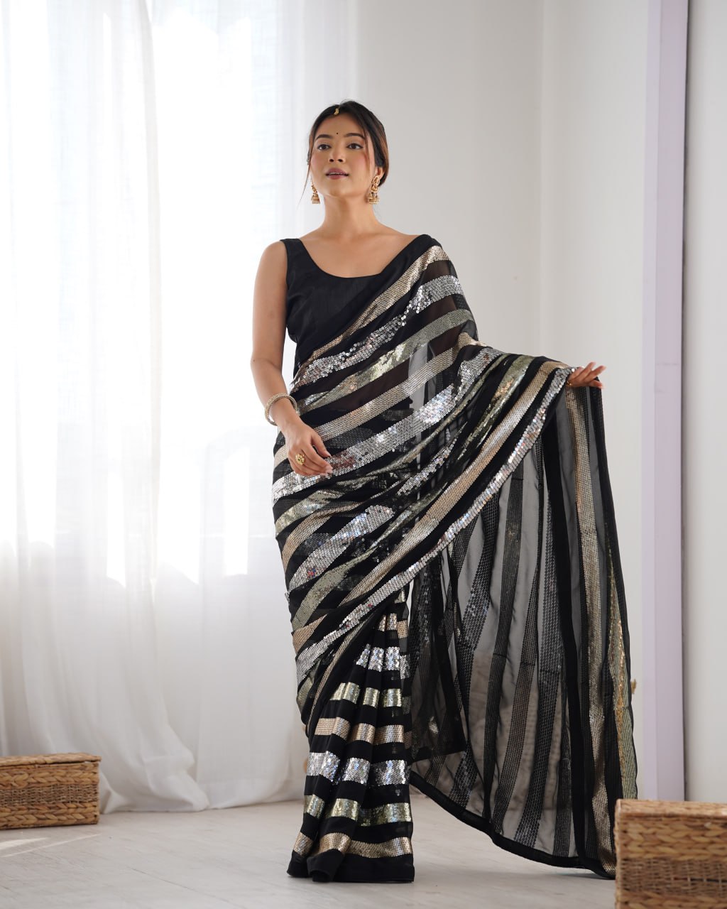 Black georgette sequin embroidered Kira designer saree