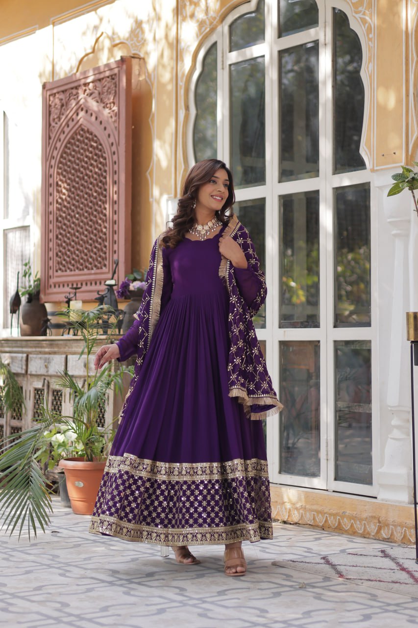 Avishka purple embroidered anarkali gown set