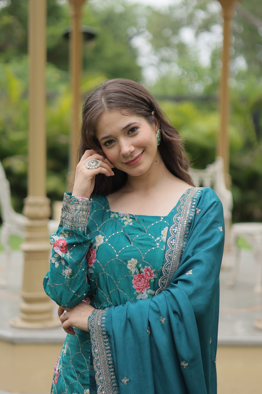 Teal chinon embroidered Medhasvi designer sharara suit