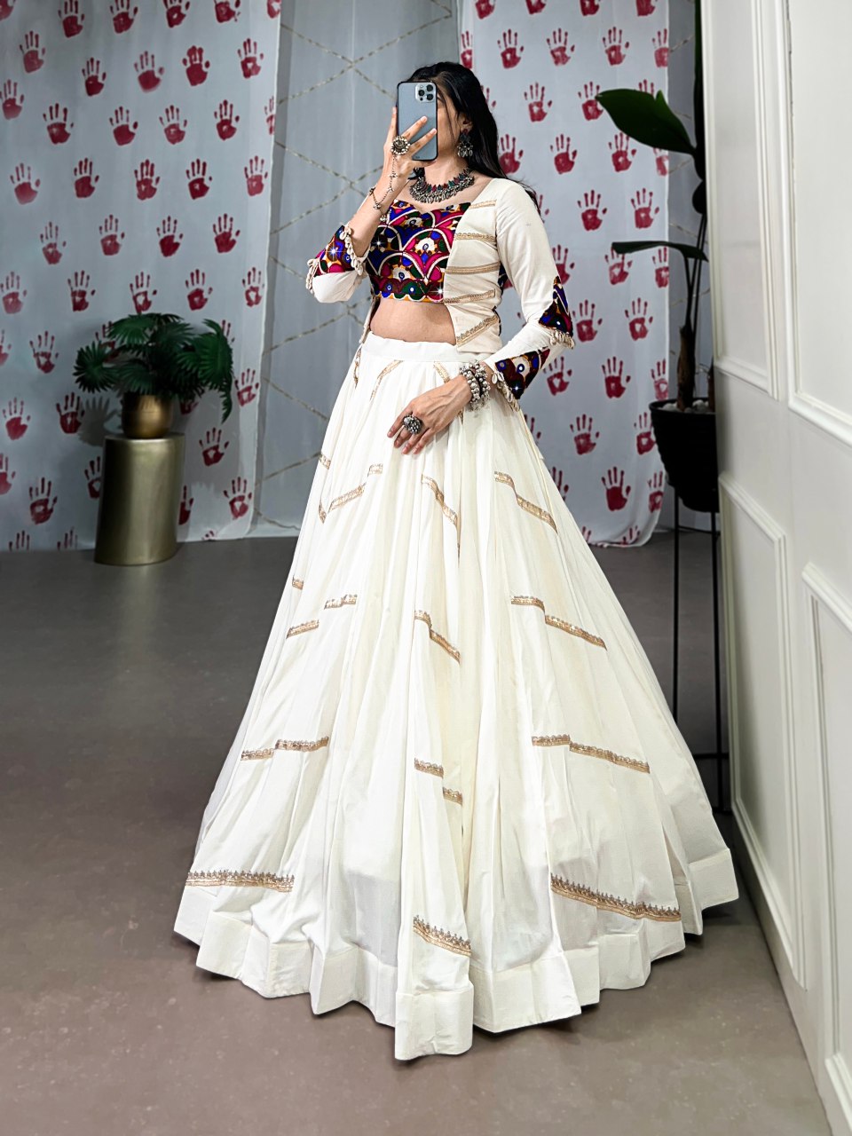 Off white pure rayon lehenga choli with mirror gamthi and sequins work