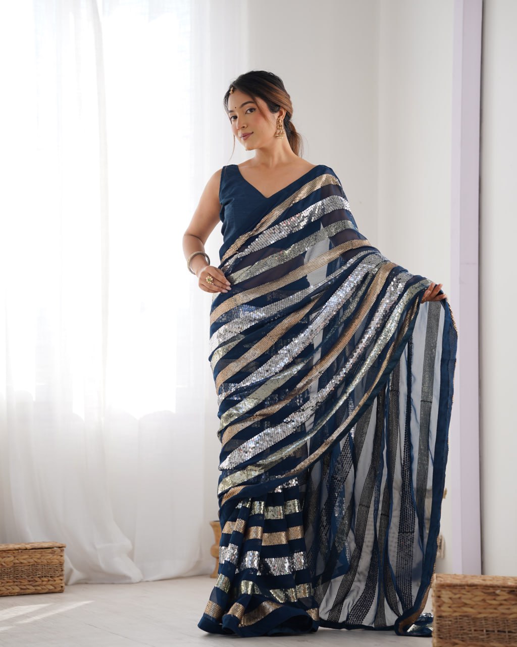 Navy blue georgette sequin embroidered Kira designer saree