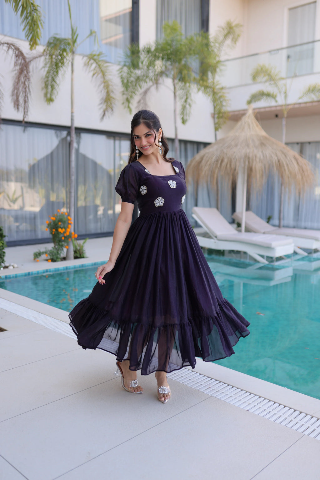Sruvika purple Fendi silk gown with beads embroidered work