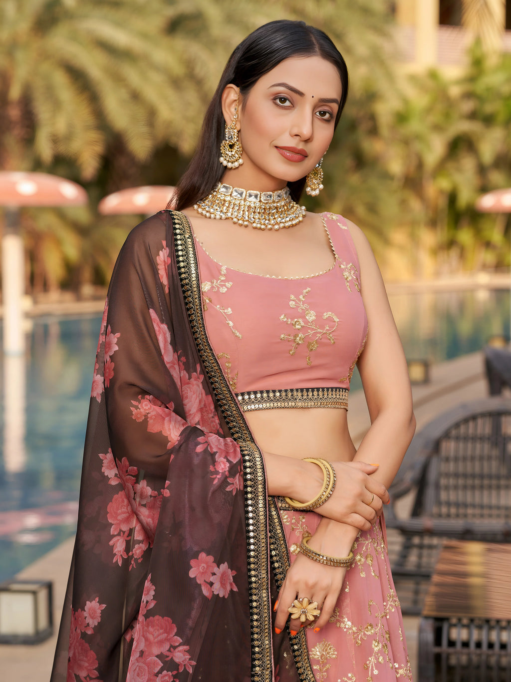 Navya dusty pink embroidered lehenga choli with floral dupatta