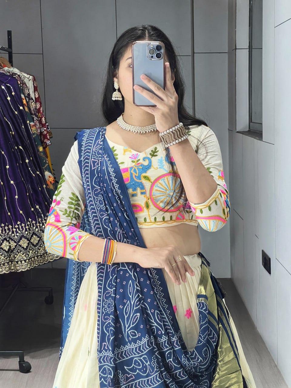 Off-white cotton embroidered lehenga with navy blue Gaji silk dupatta