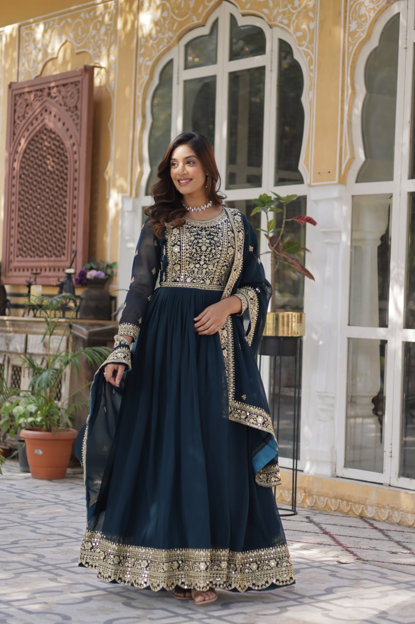 Suvarnita Teal Faux Blooming Embroidered Gown