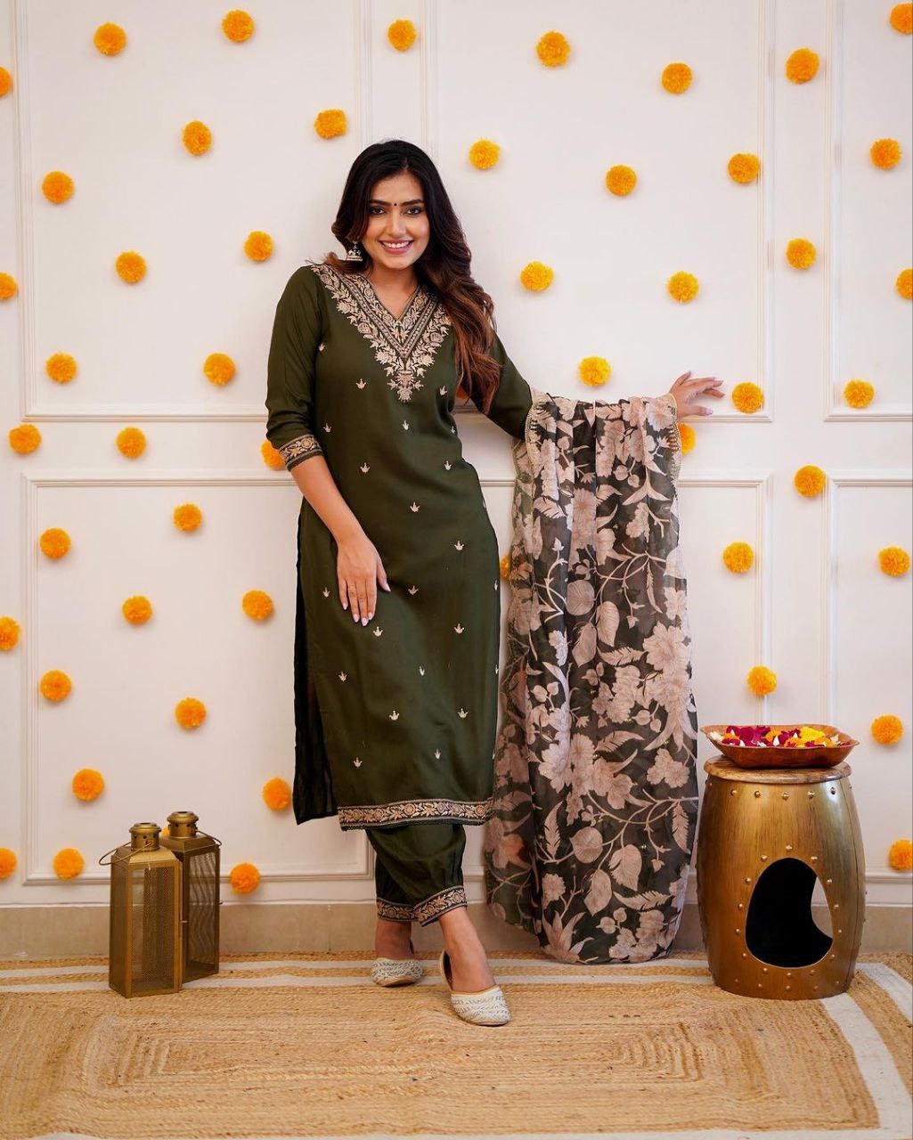 Janaki green chanderi embroidery kurti set with dupatta
