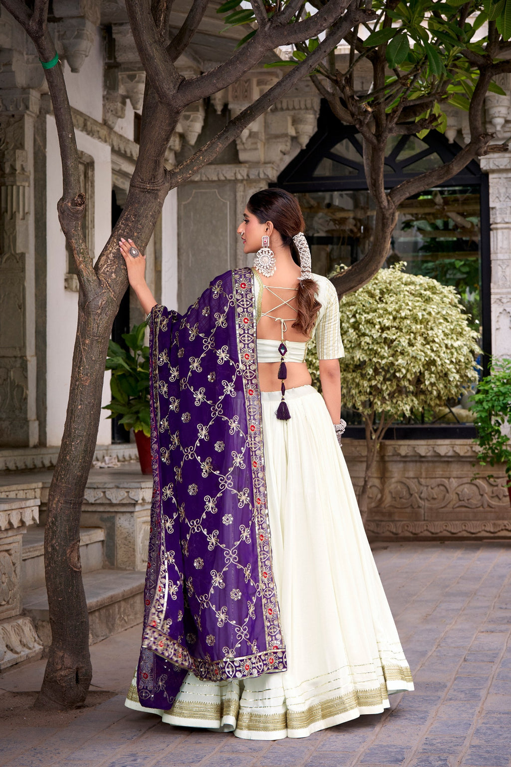 White pure rayon lace work lehenga choli with georgette sequins dupatta