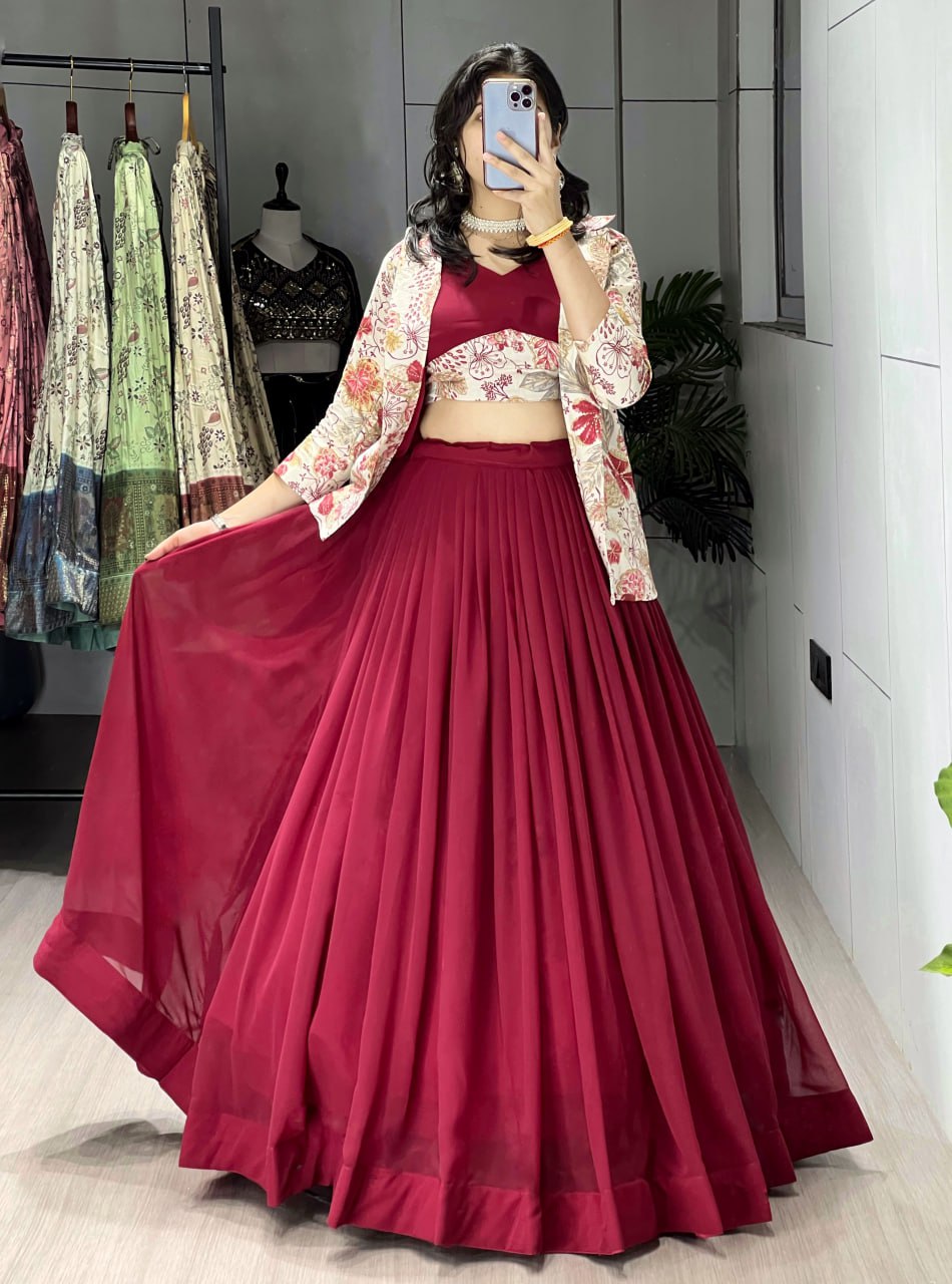 Alka maroon georgette foil printed lehenga choli with koti jacket