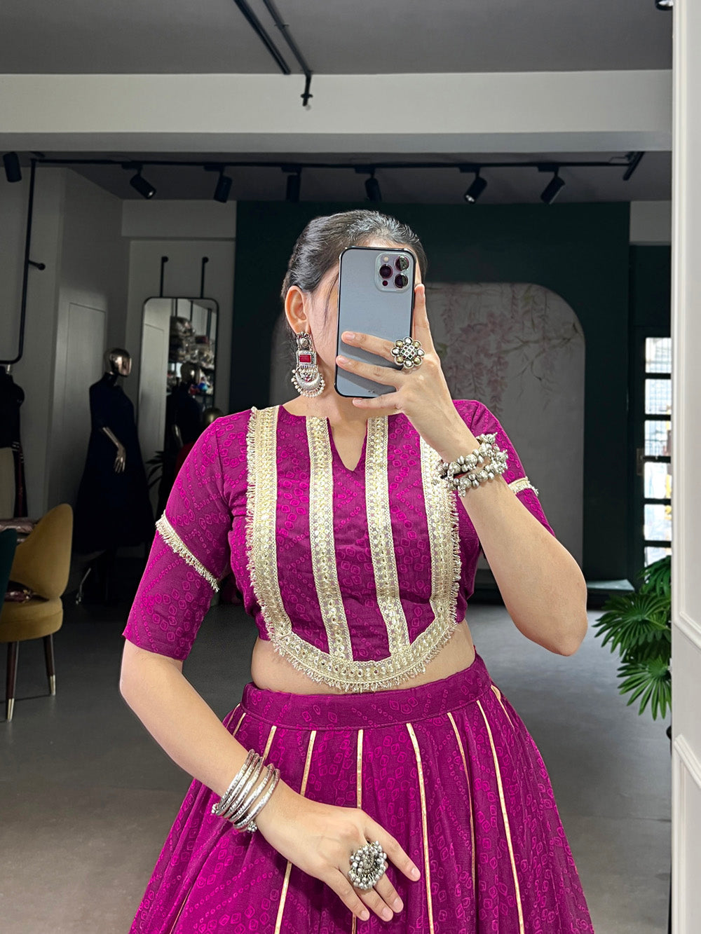 Wine color chiffon Bandhej print Gota Patti lace work lehenga choli
