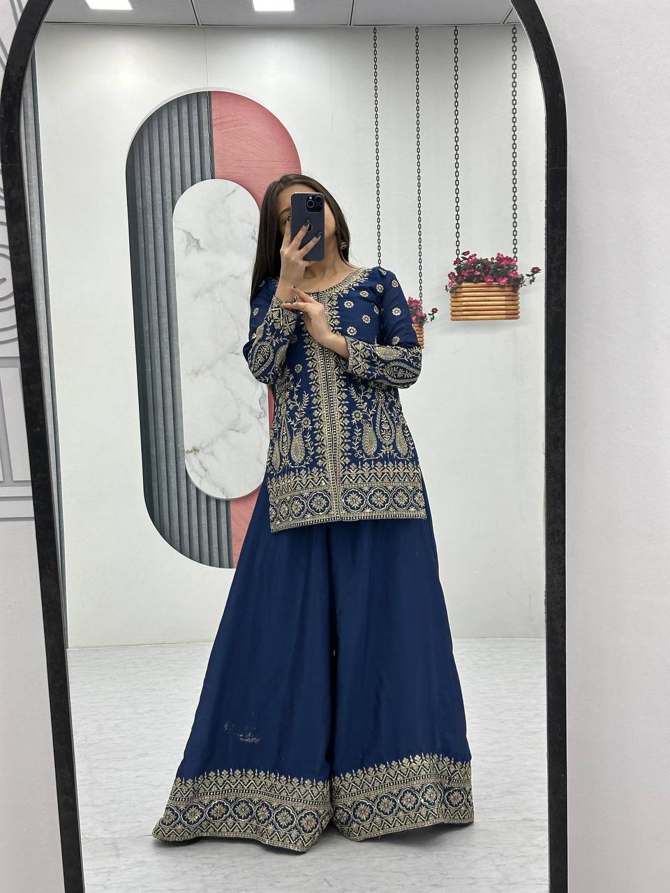Enya blue Chinon kurti palazzo set with thread sequence embroidery work