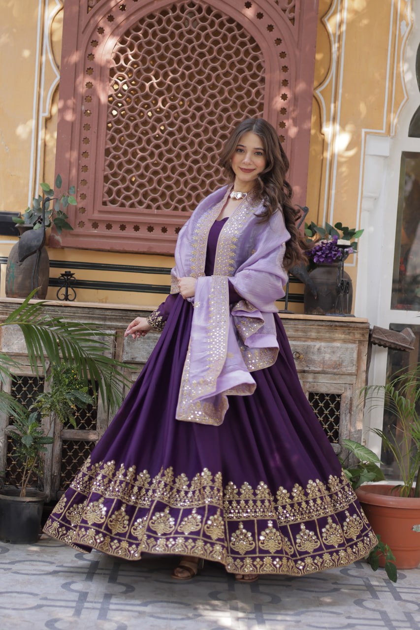 Purple star georgette embroidered zari sequins work gown with dupatta
