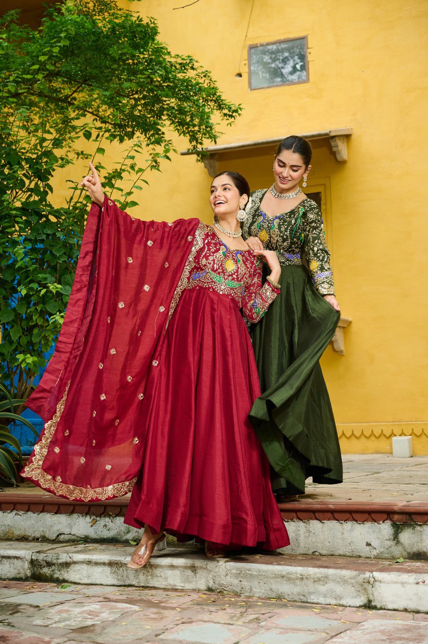 Maroon silk gown with multi thread zari embroidery and dupatta